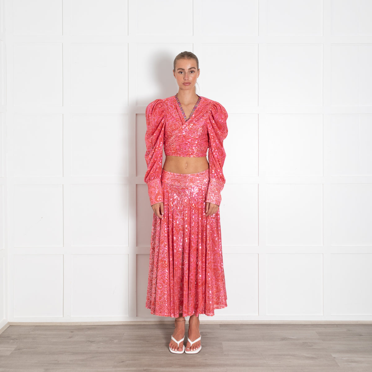 Celia B Pink Red Sequinned Tie Front Top