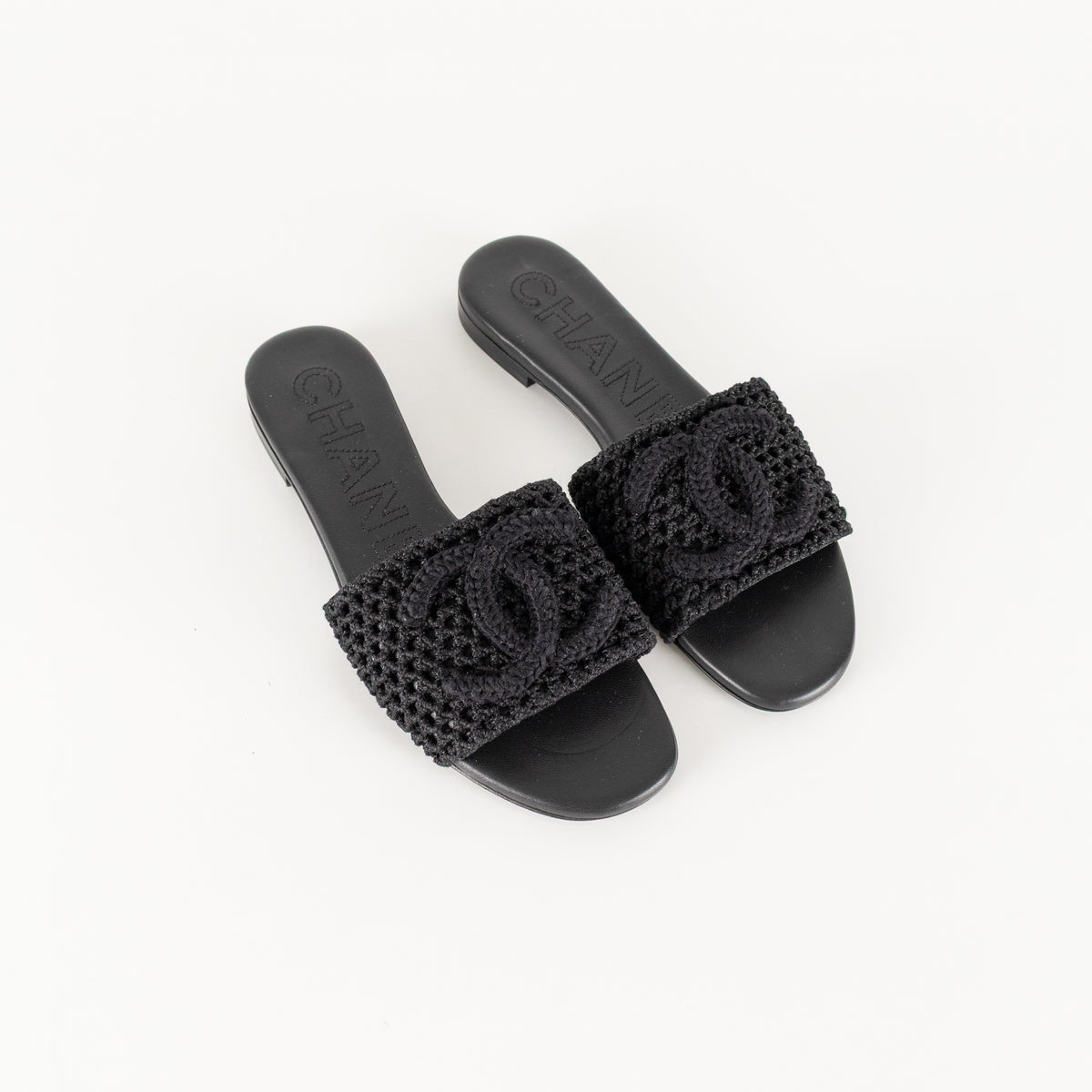Chanel Black Crochet CC Sliders