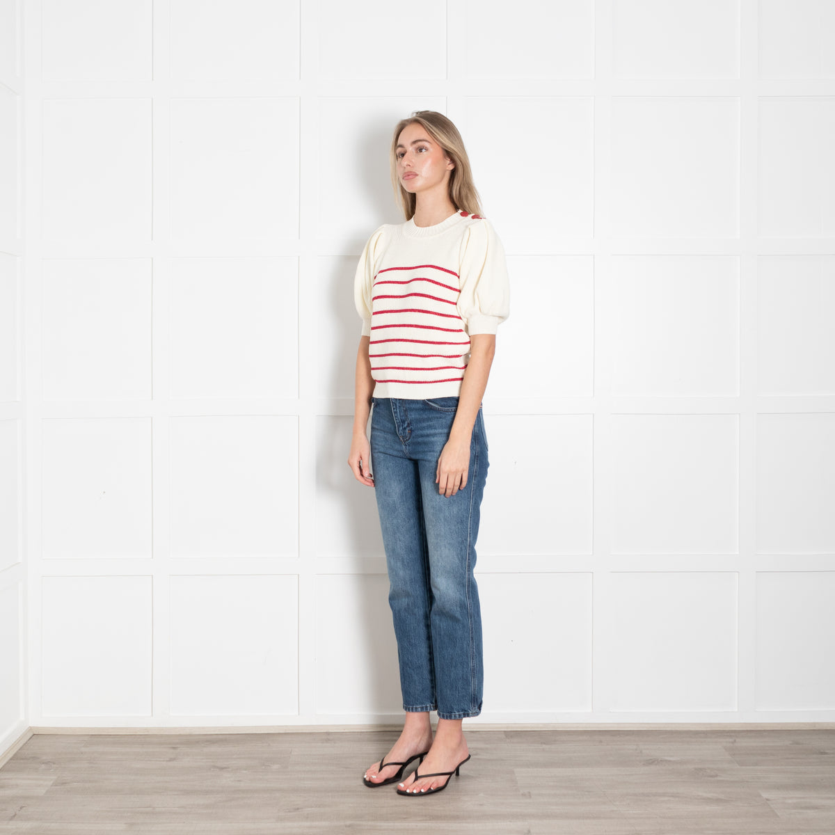 Ba & Sh Cream Red Lurex Striped Short Sleeve Sweater