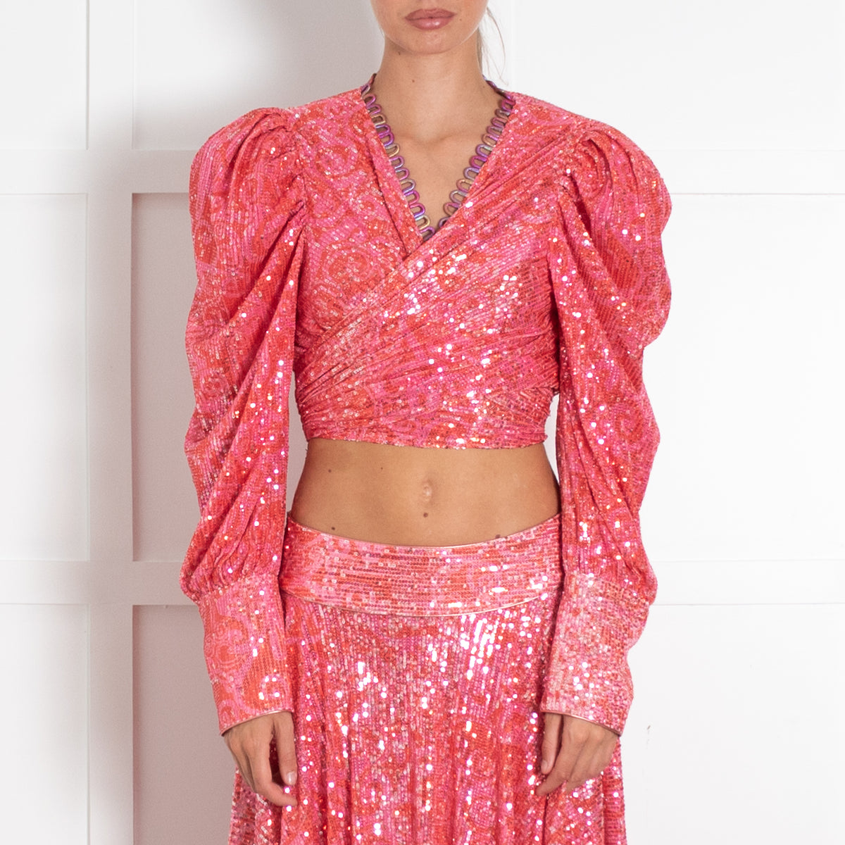 Celia B Pink Red Sequinned Tie Front Top