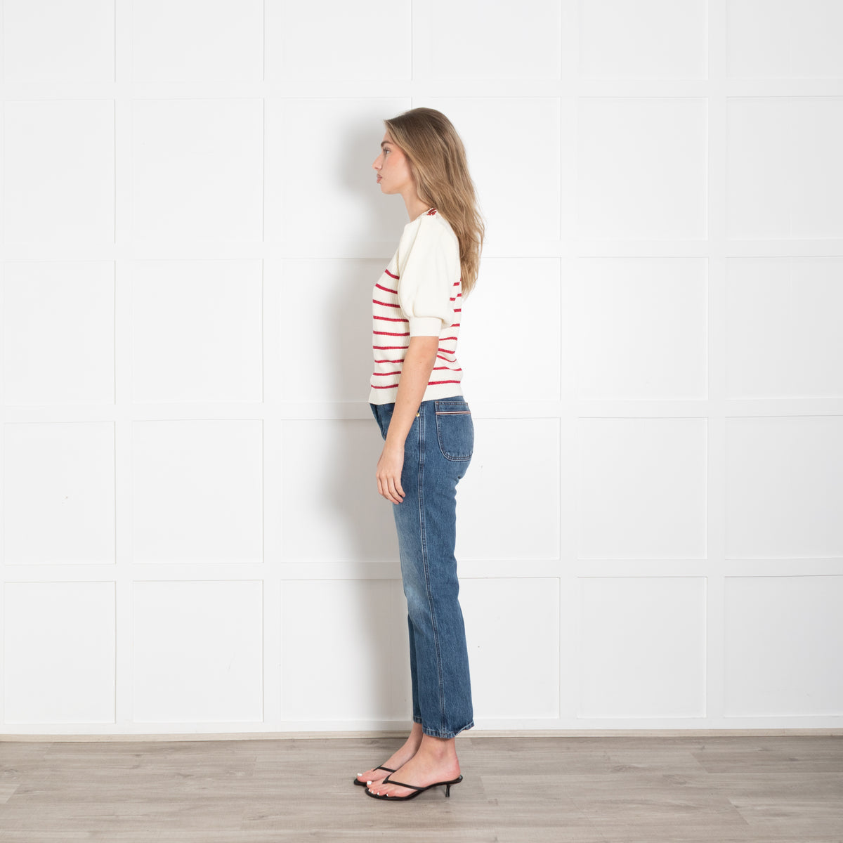 Ba & Sh Cream Red Lurex Striped Short Sleeve Sweater