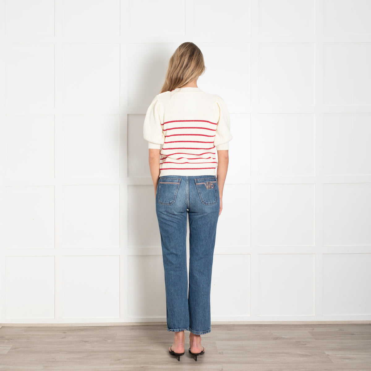 Ba & Sh Cream Red Lurex Striped Short Sleeve Sweater