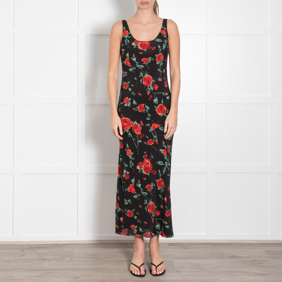 Rixo Black Red Rose Print Silk Sleeveless Maxi Dress