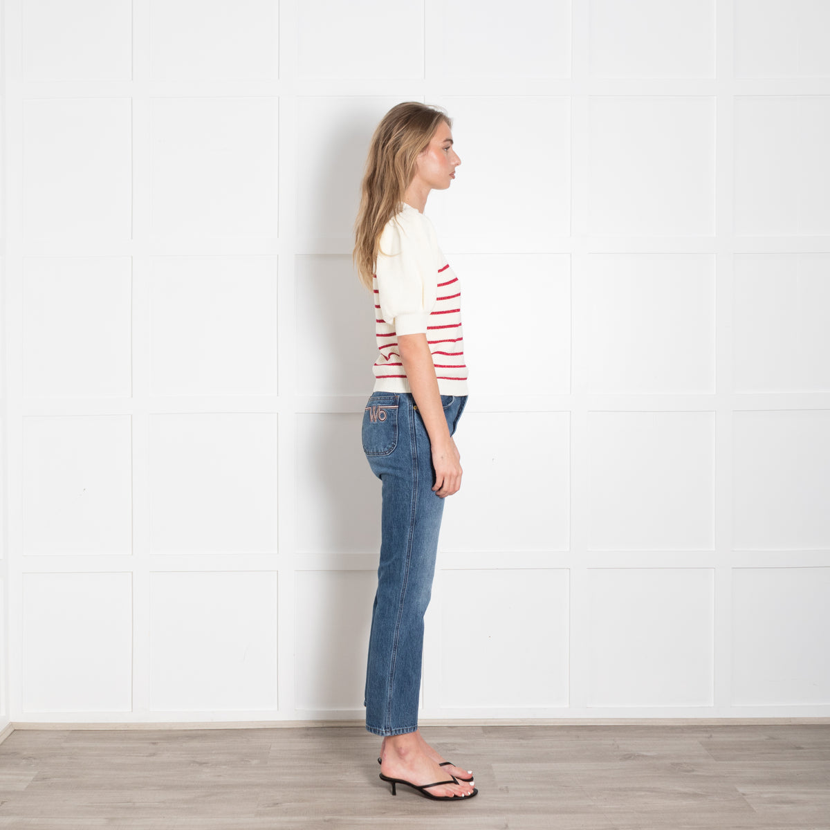 Ba & Sh Cream Red Lurex Striped Short Sleeve Sweater
