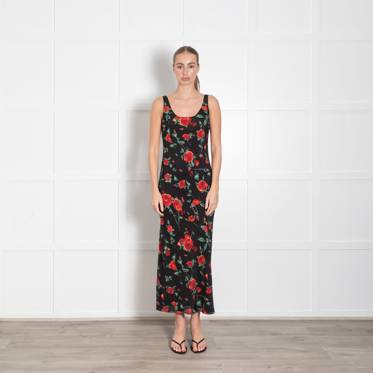 Rixo Black Red Rose Print Silk Sleeveless Maxi Dress