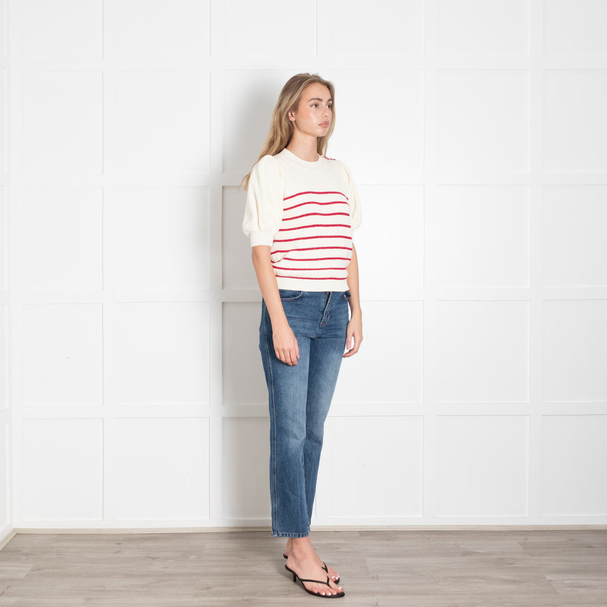 Ba & Sh Cream Red Lurex Striped Short Sleeve Sweater