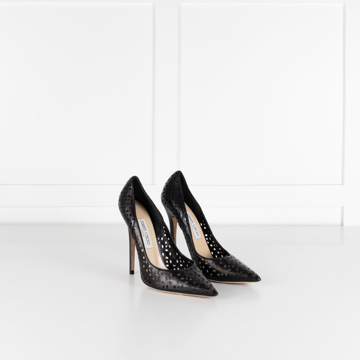 Jimmy Choo Black Perforated Leather Heeled Pointy Shoes