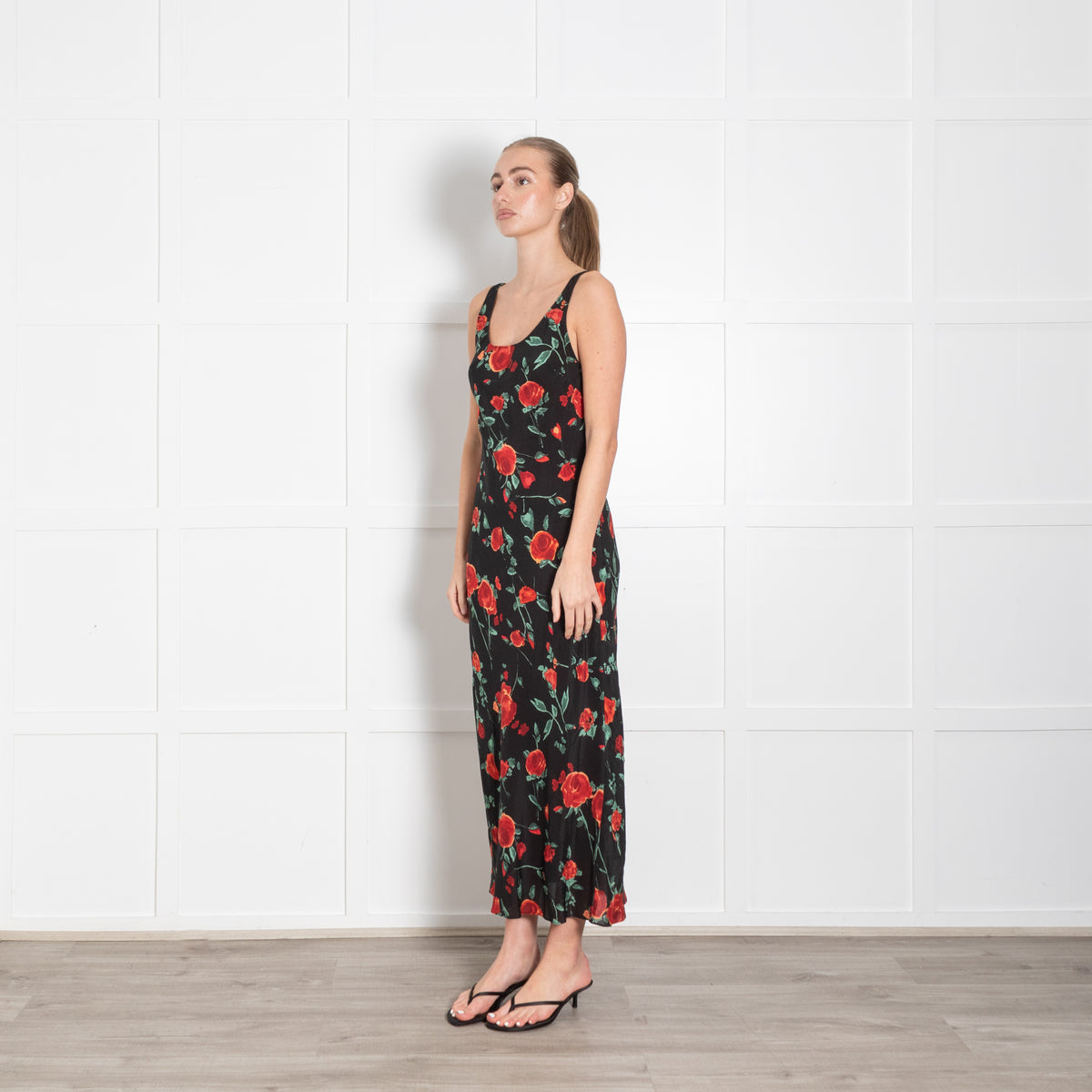 Rixo Black Red Rose Print Silk Sleeveless Maxi Dress