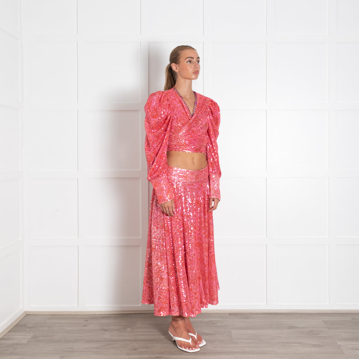 Celia B Pink Red Sequinned Tie Front Top