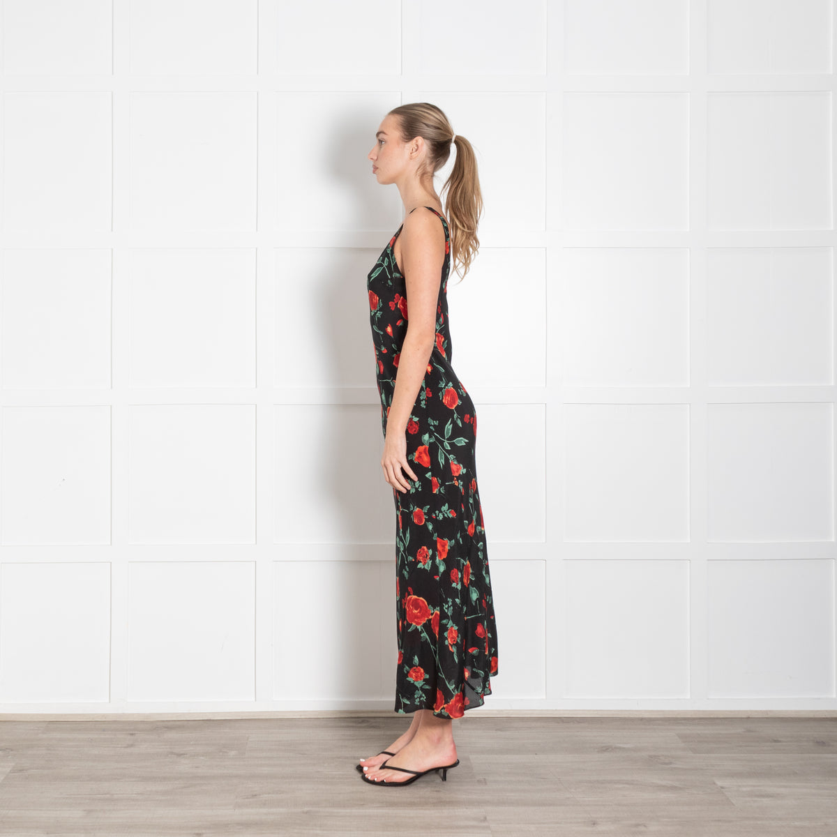 Rixo Black Red Rose Print Silk Sleeveless Maxi Dress