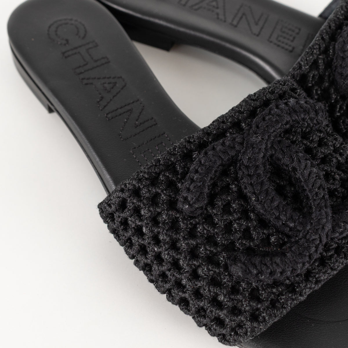 Chanel Black Crochet CC Sliders