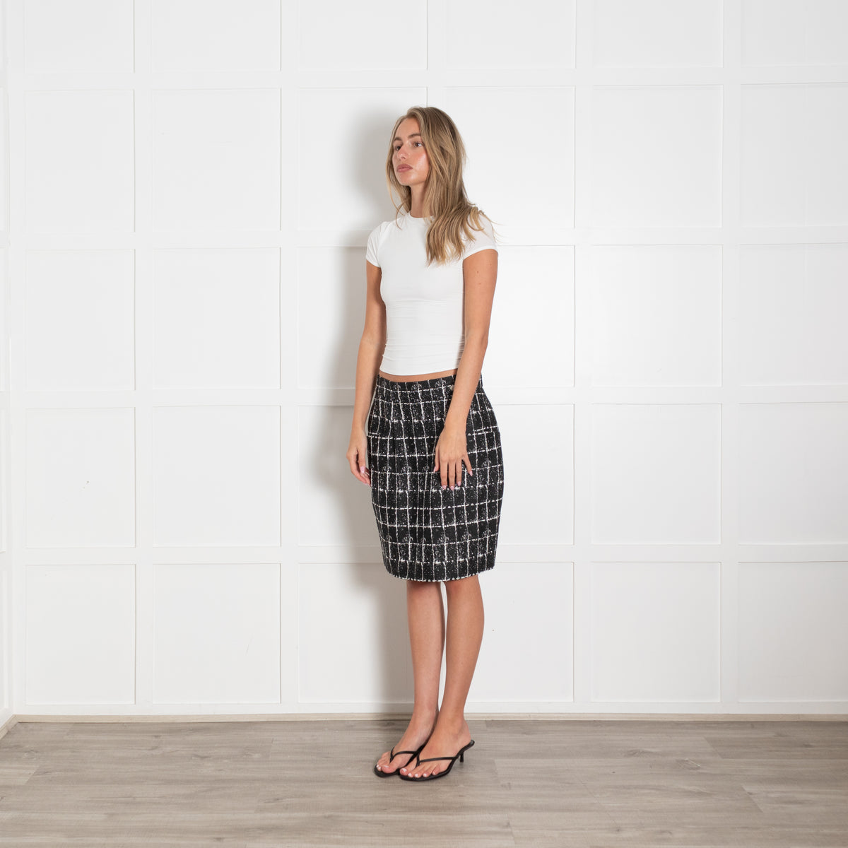 Chanel Black And White Tweed Skirt With Button On Waist