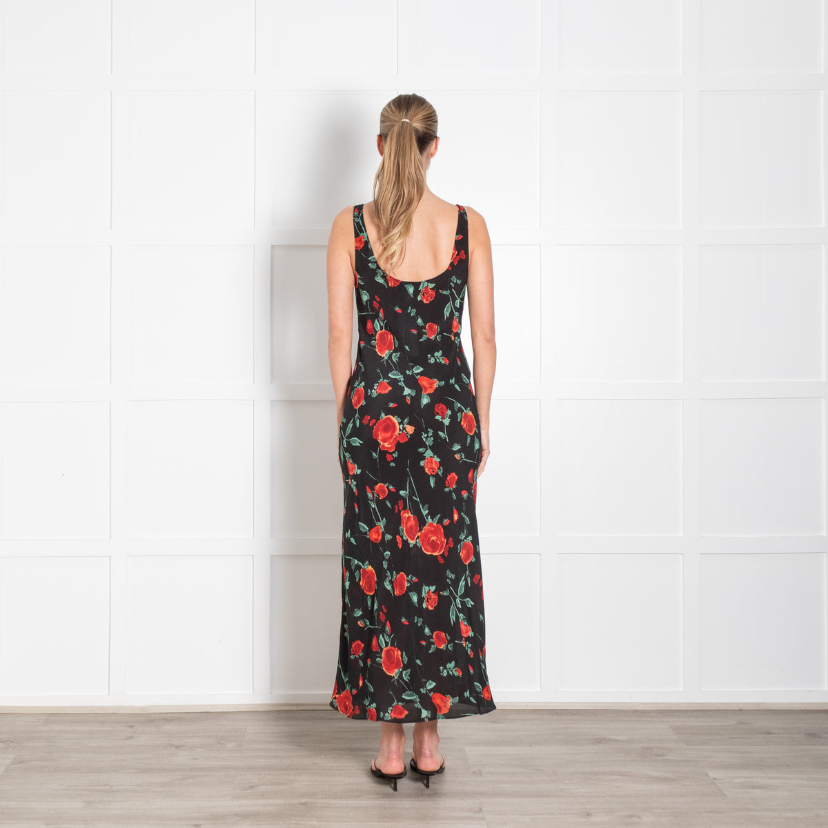 Rixo Black Red Rose Print Silk Sleeveless Maxi Dress