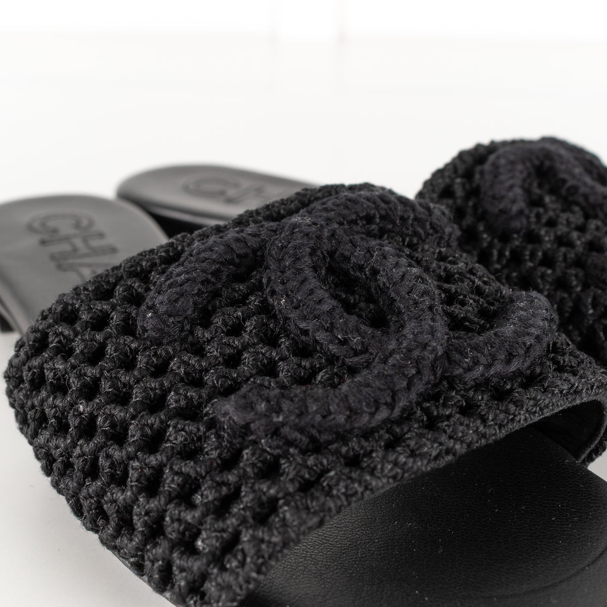 Chanel Black Crochet CC Sliders