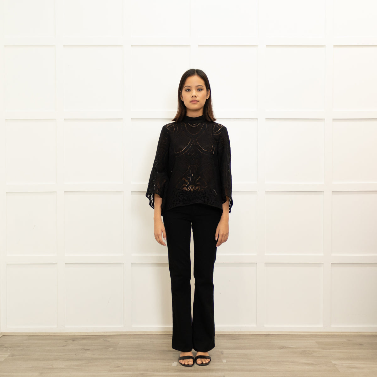 La Double J Black Lace Bell Sleeve Top