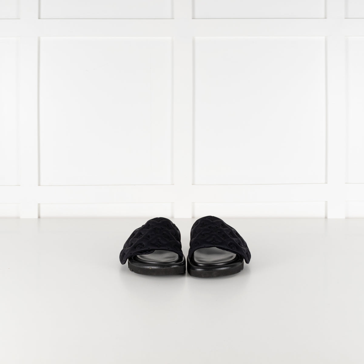 Louis Vuitton Black Plushy Embossed Monogram Velcro Sliders