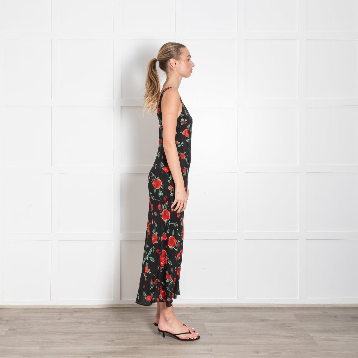 Rixo Black Red Rose Print Silk Sleeveless Maxi Dress