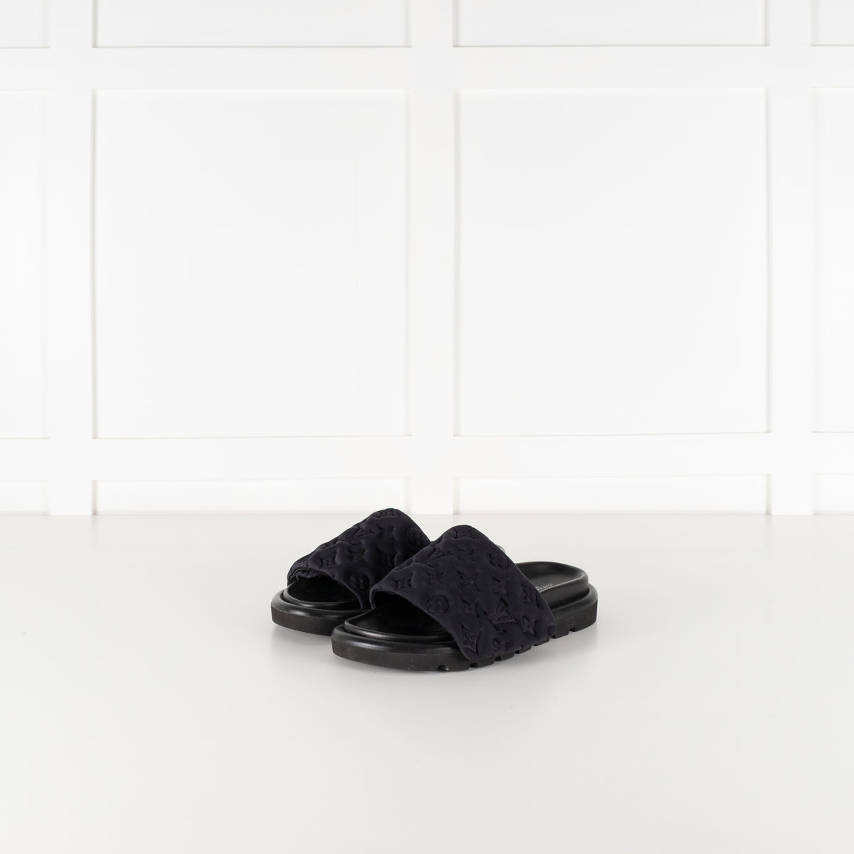 Louis Vuitton Black Plushy Embossed Monogram Velcro Sliders