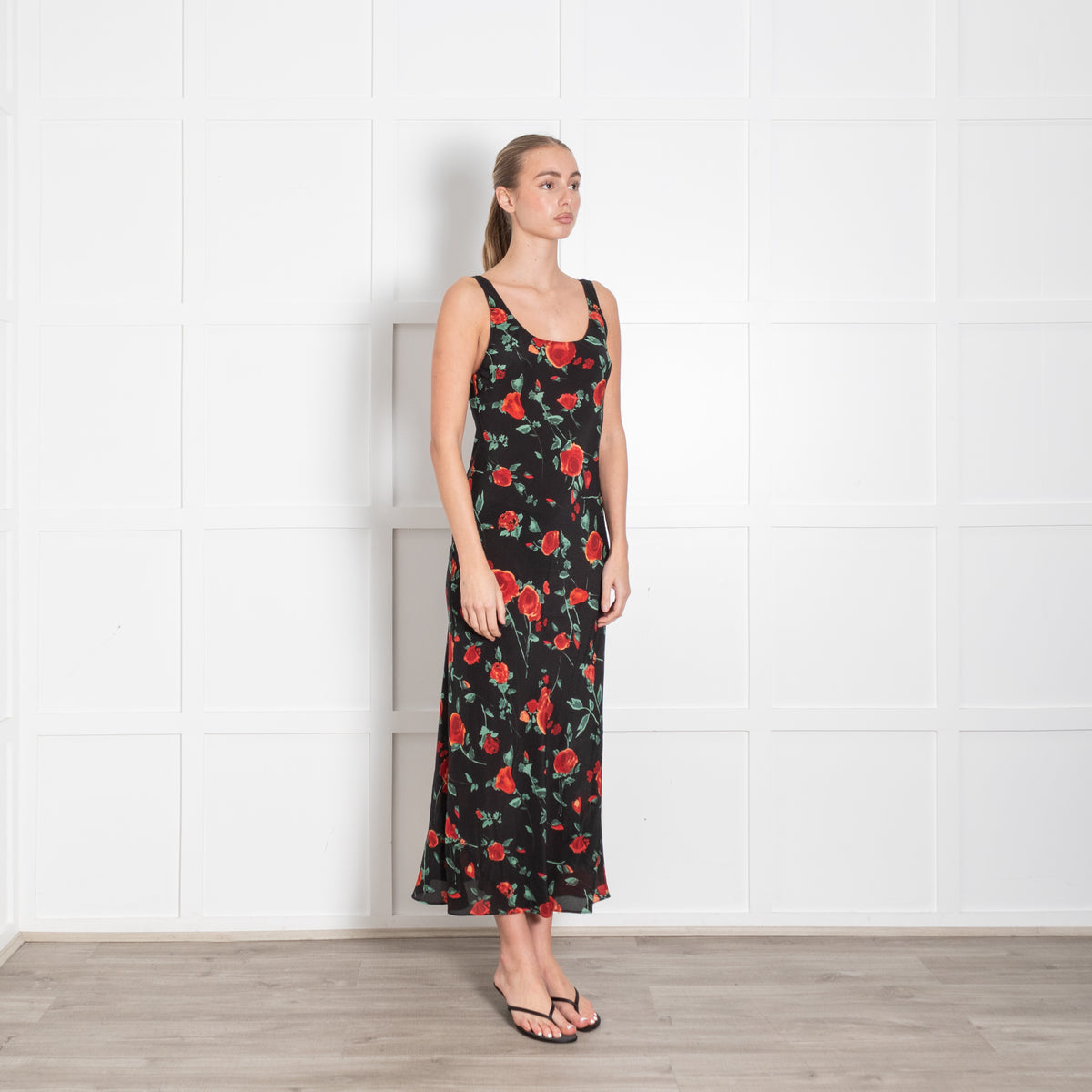 Rixo Black Red Rose Print Silk Sleeveless Maxi Dress