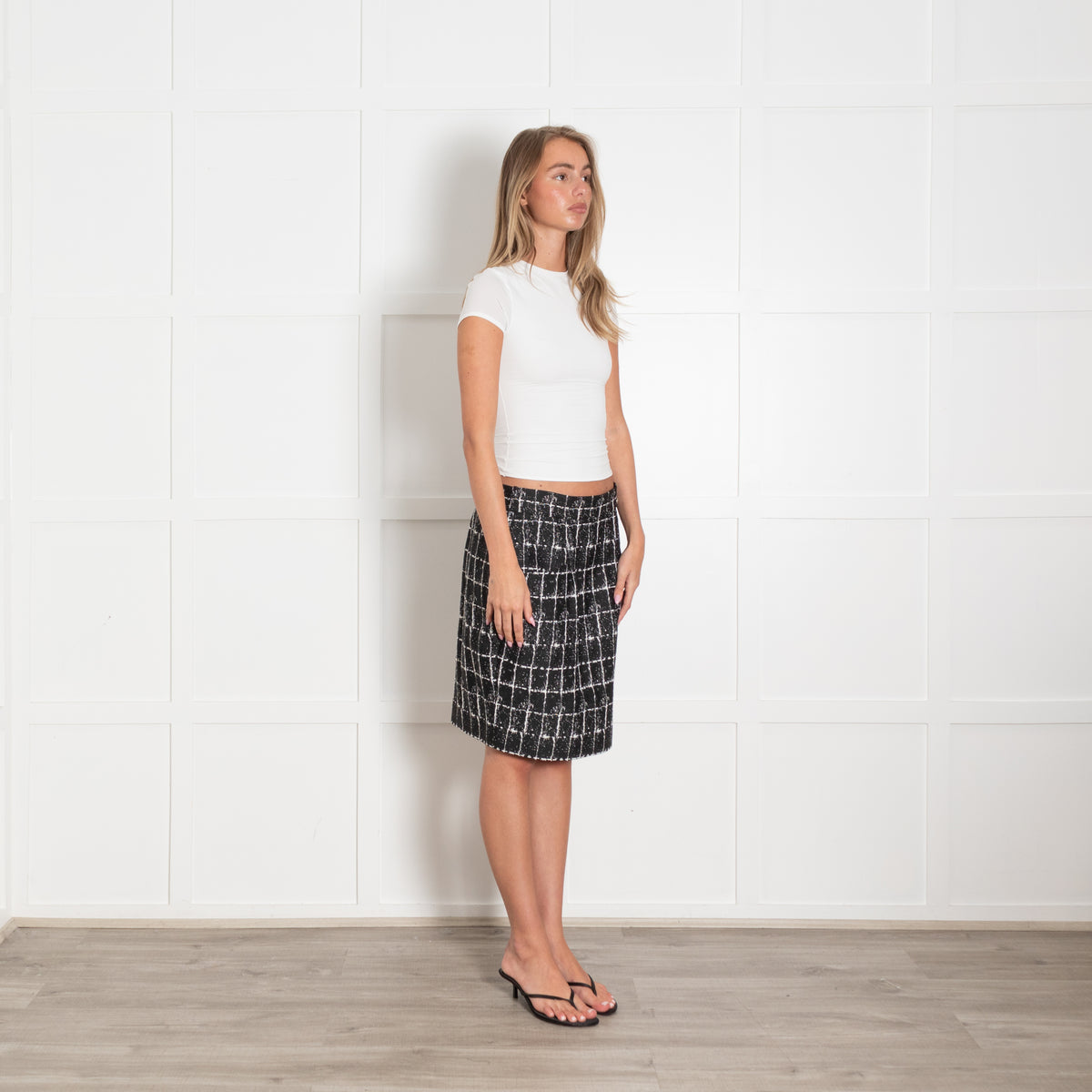 Chanel Black And White Tweed Skirt With Button On Waist