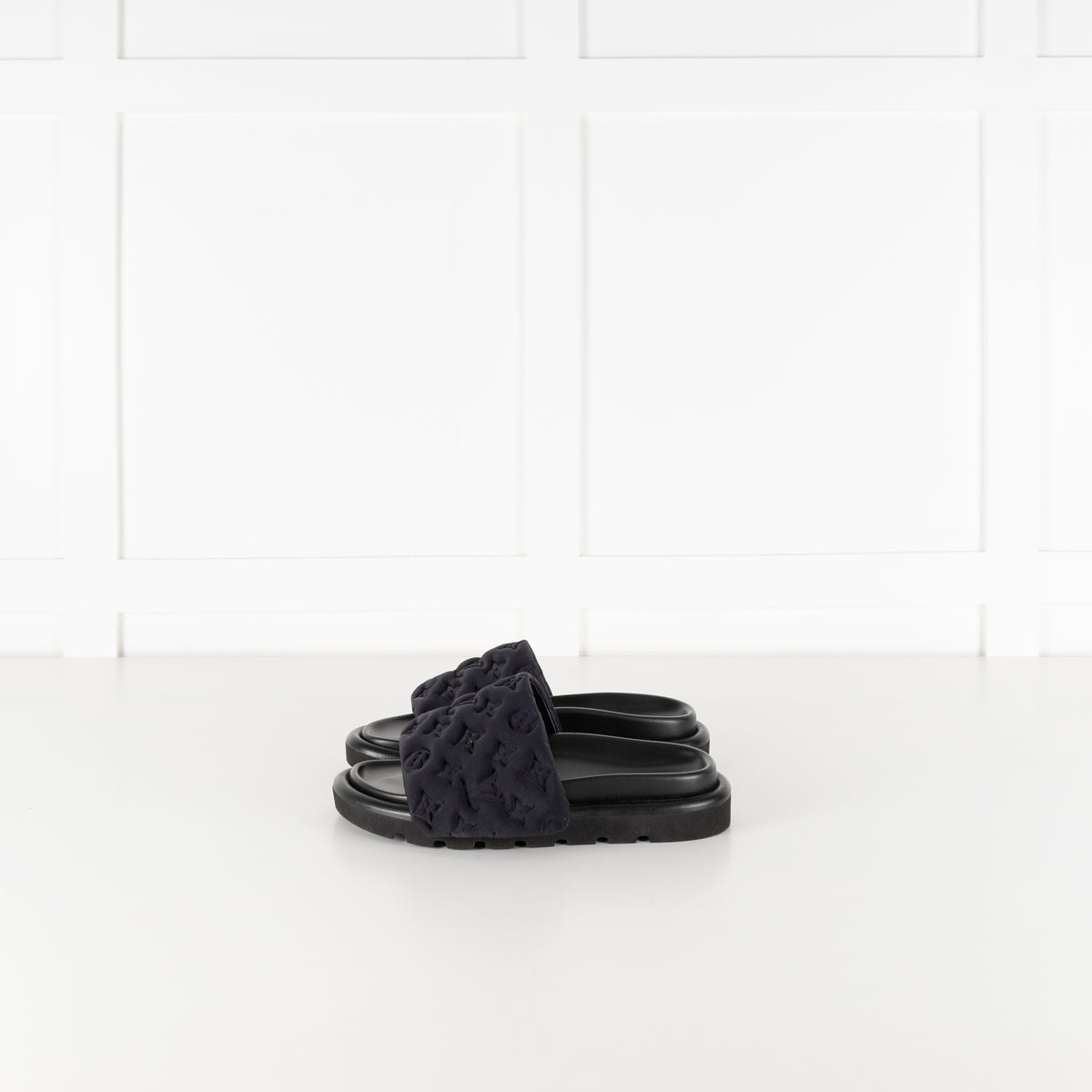 Louis Vuitton Black Plushy Embossed Monogram Velcro Sliders