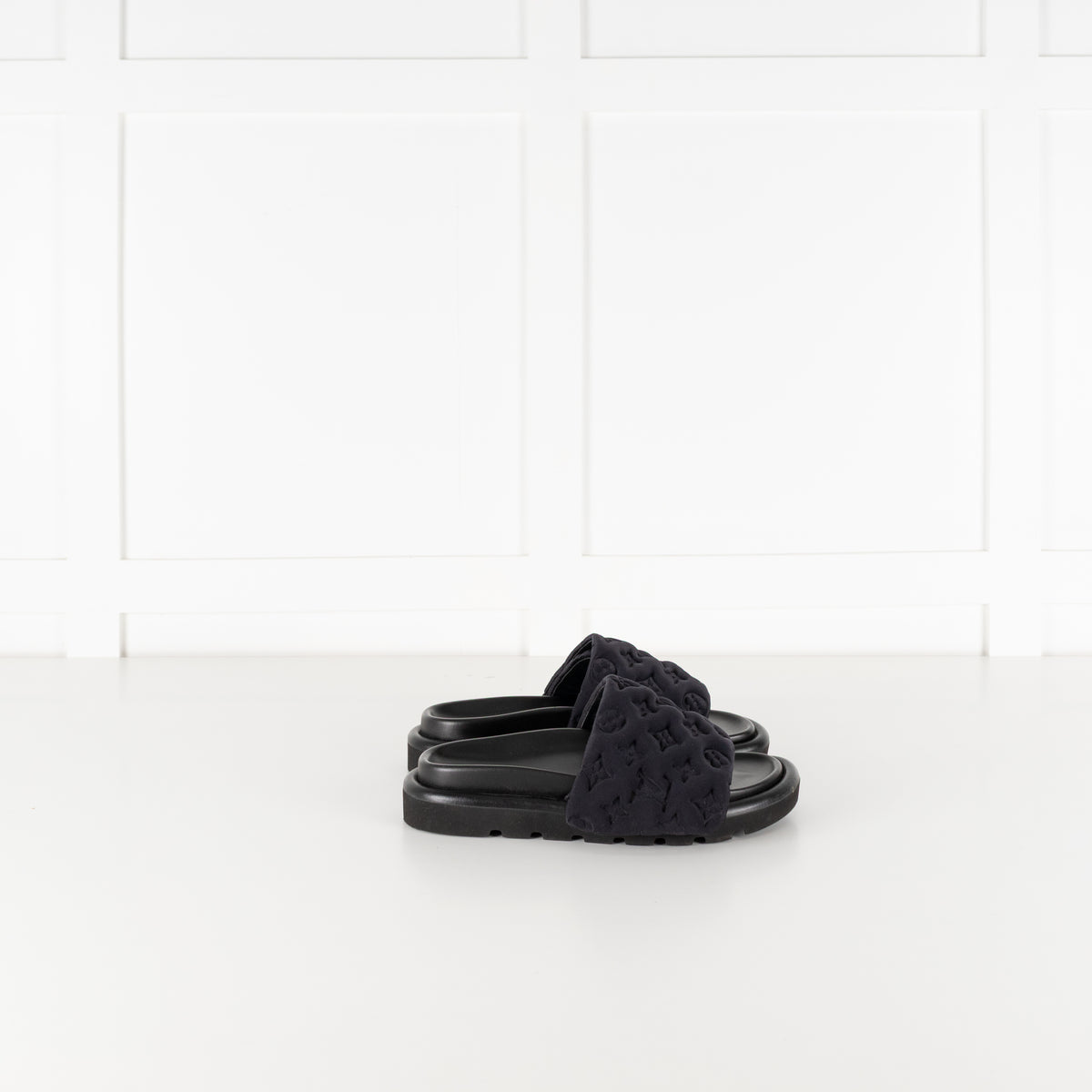 Louis Vuitton Black Plushy Embossed Monogram Velcro Sliders