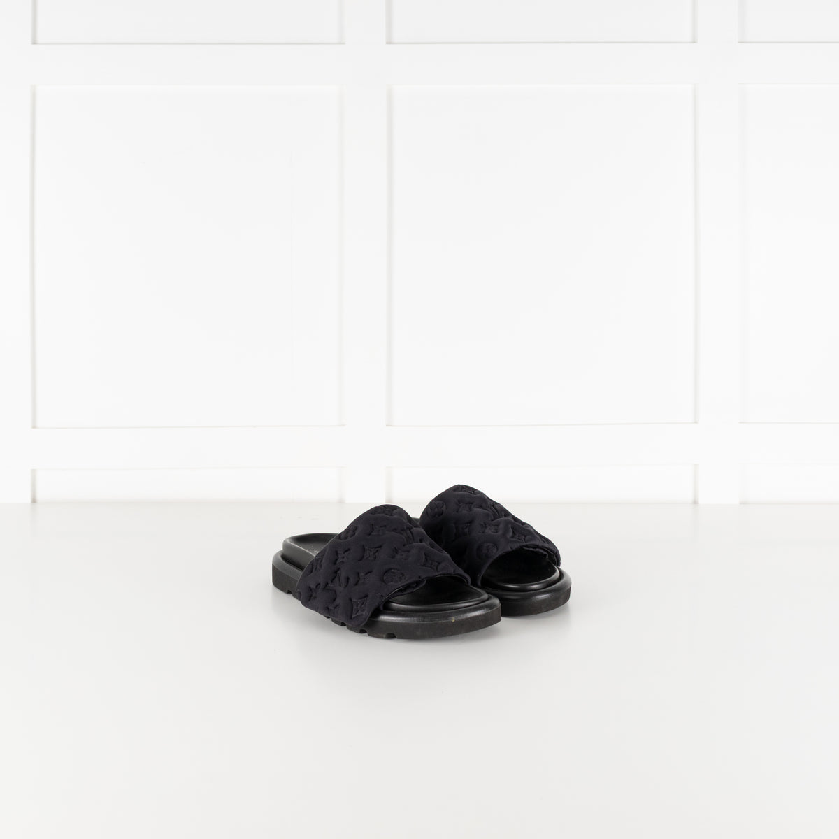 Louis Vuitton Black Plushy Embossed Monogram Velcro Sliders