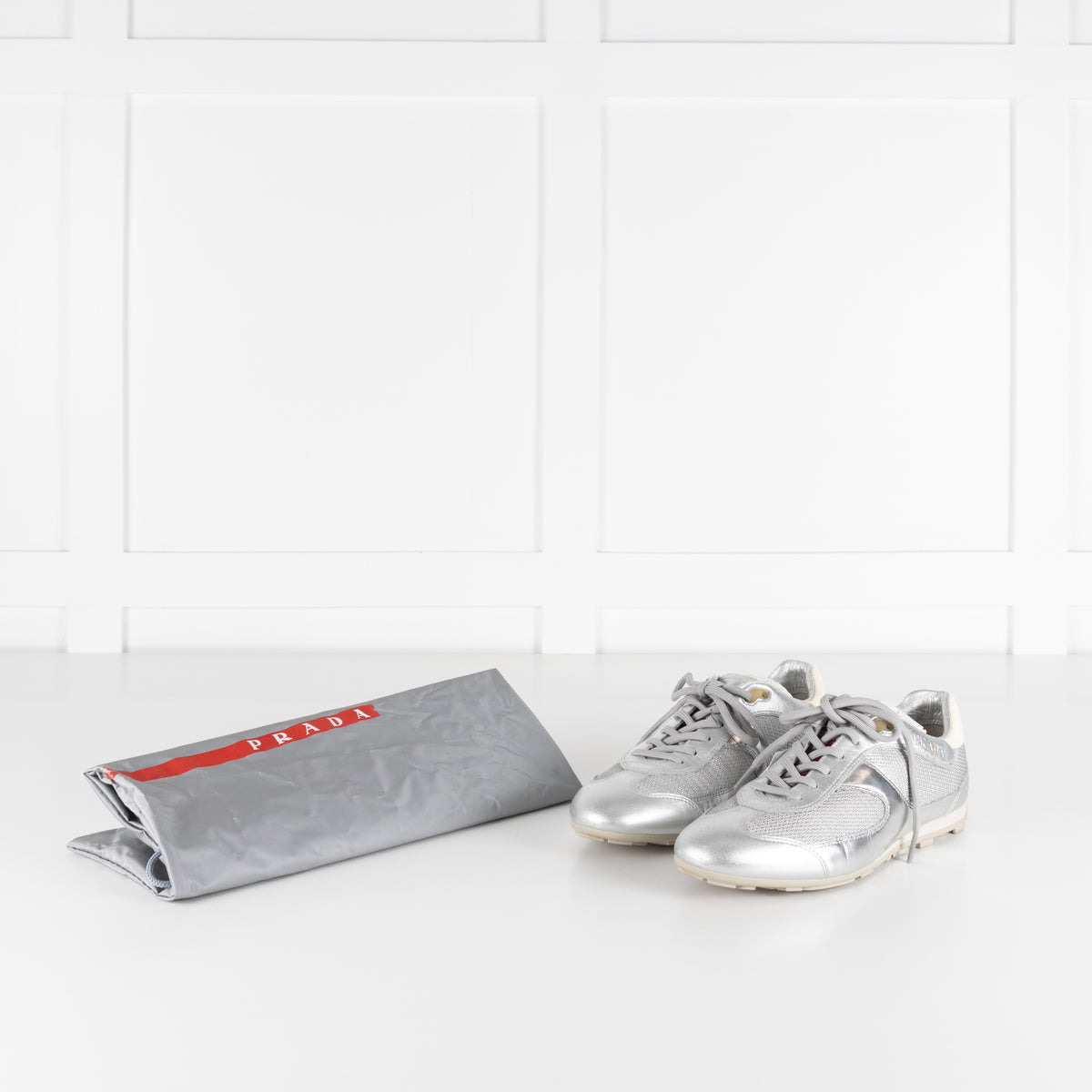 Prada Silver Leather & Mesh Lace Up Trainers