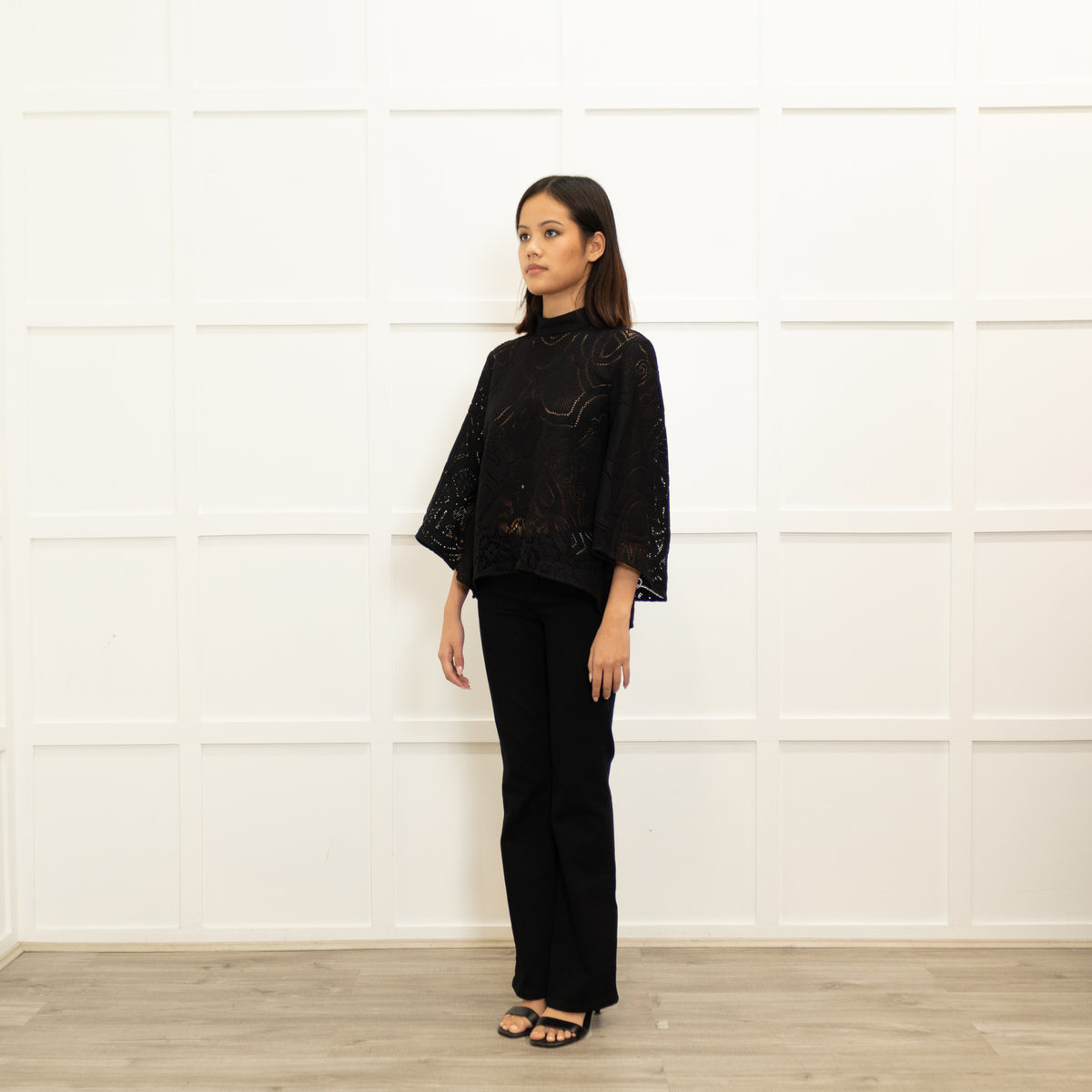 La Double J Black Lace Bell Sleeve Top
