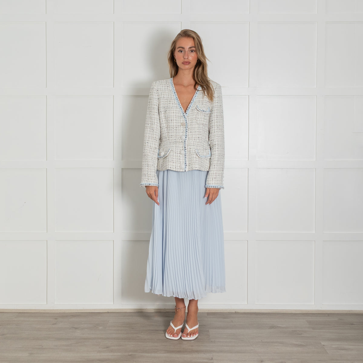 Self Portrait White Tweed Blue Pleated Bottom Belted Dress