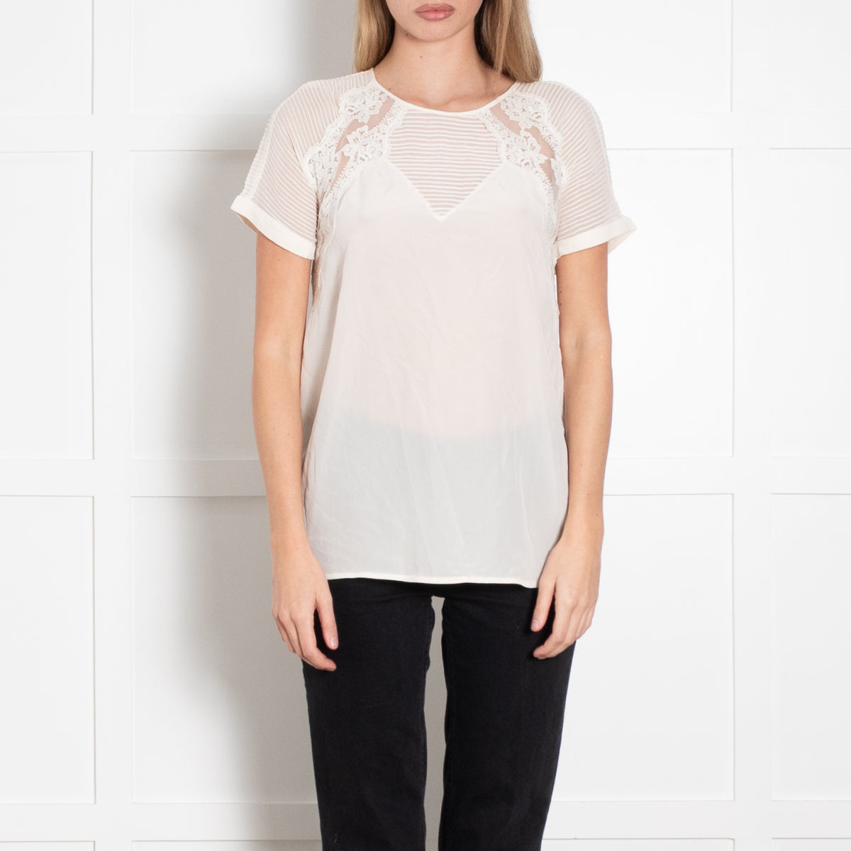 Rebecca Taylor Cream Silk Pin Tuck Lace Detail Top
