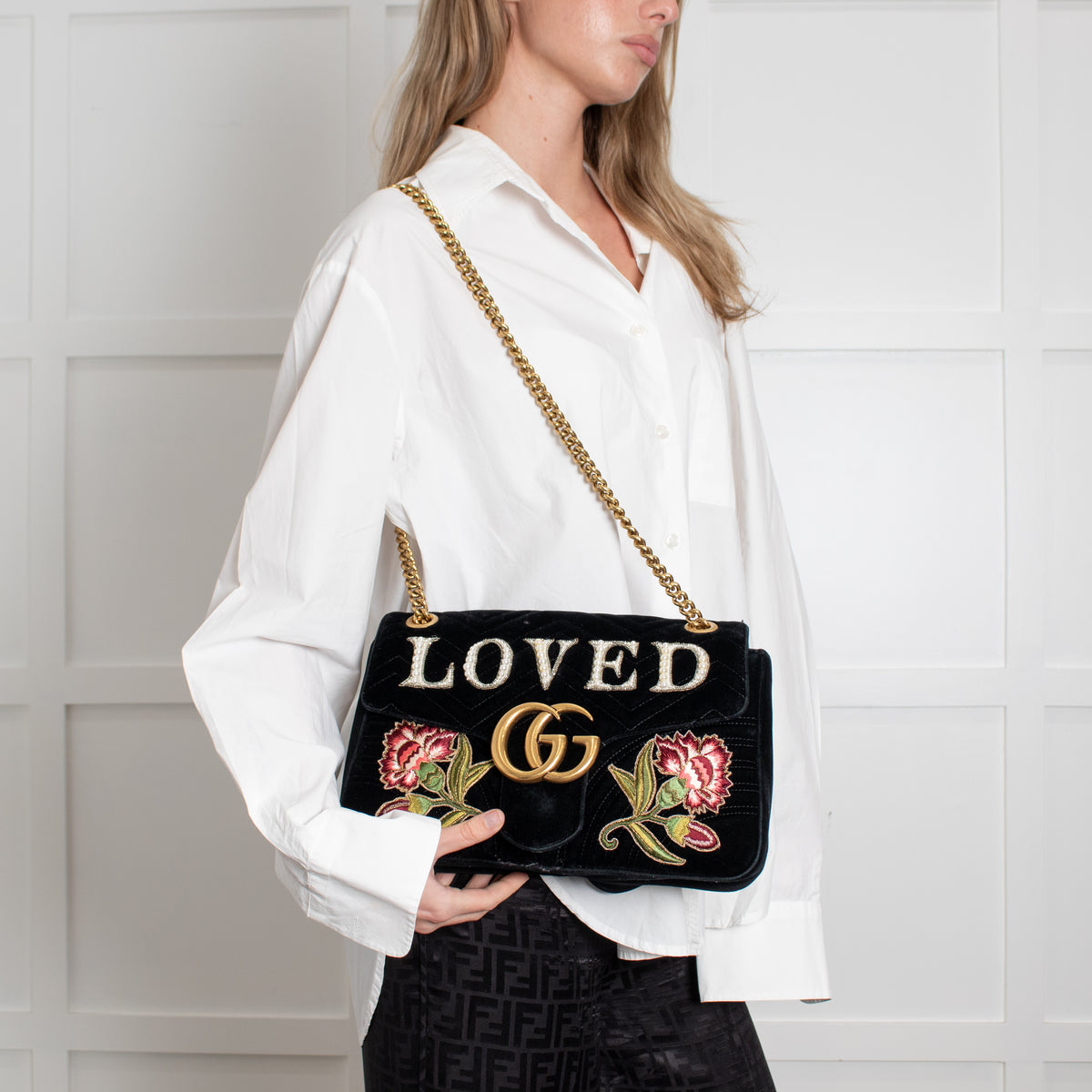 Gucci Velvet 'Loved' Large Black Marmont Shoulder Bag