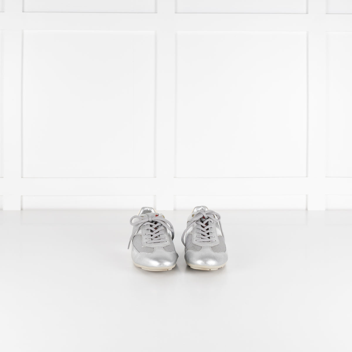 Prada Silver Leather & Mesh Lace Up Trainers