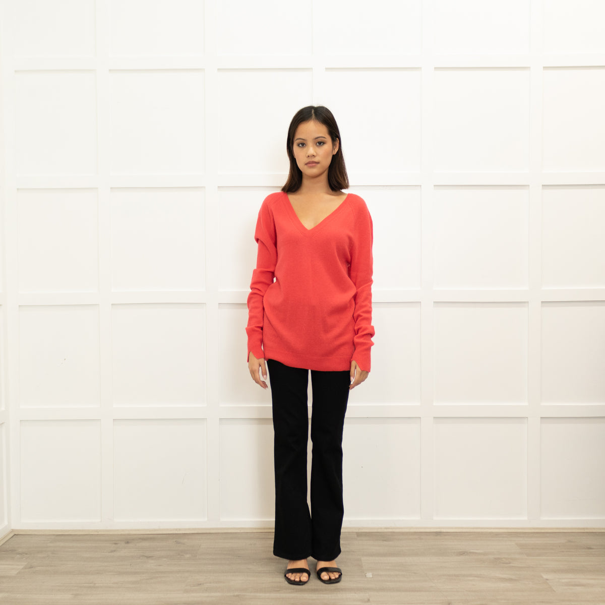 Duffy Geranium Cashmere V-Neck Open Back Sweater