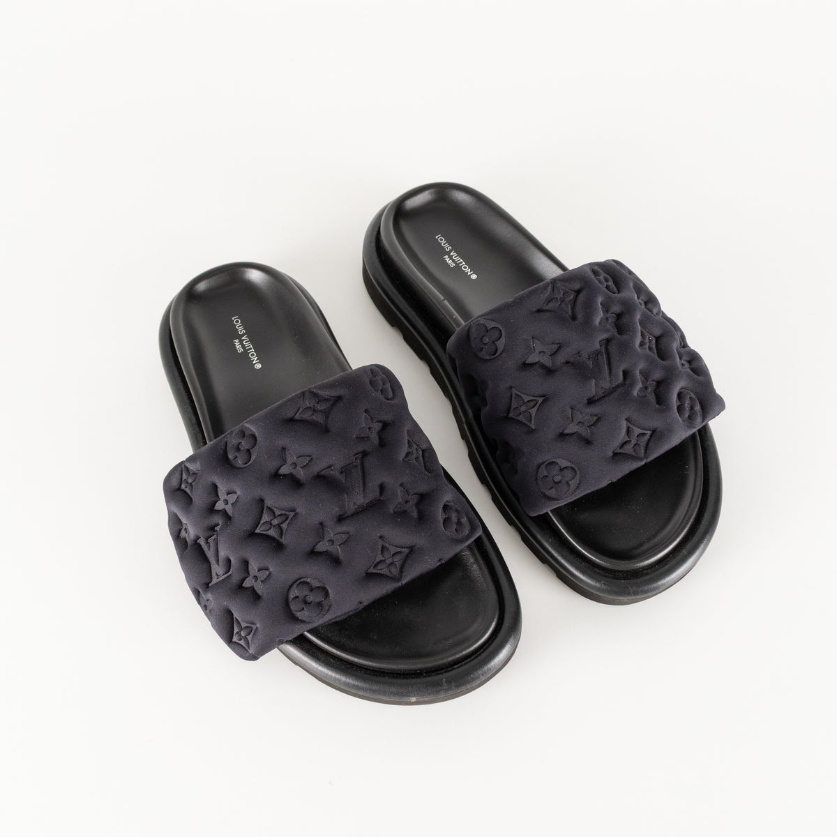 Louis Vuitton Black Plushy Embossed Monogram Velcro Sliders
