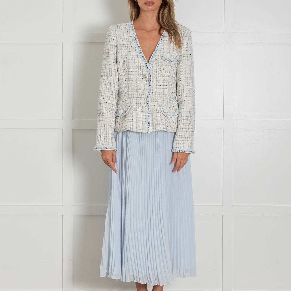 Self Portrait White Tweed Blue Pleated Bottom Belted Dress