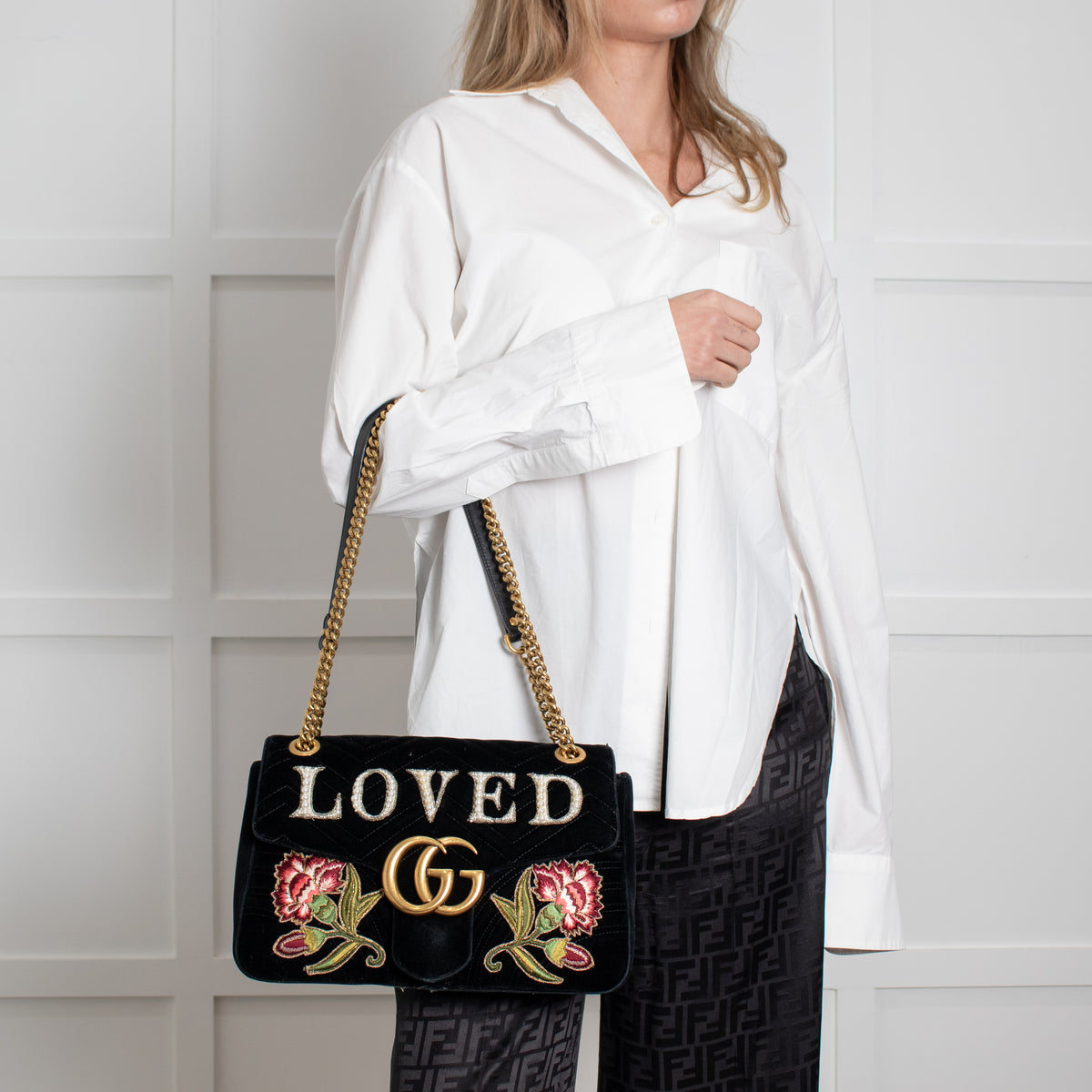 Gucci Velvet 'Loved' Large Black Marmont Shoulder Bag