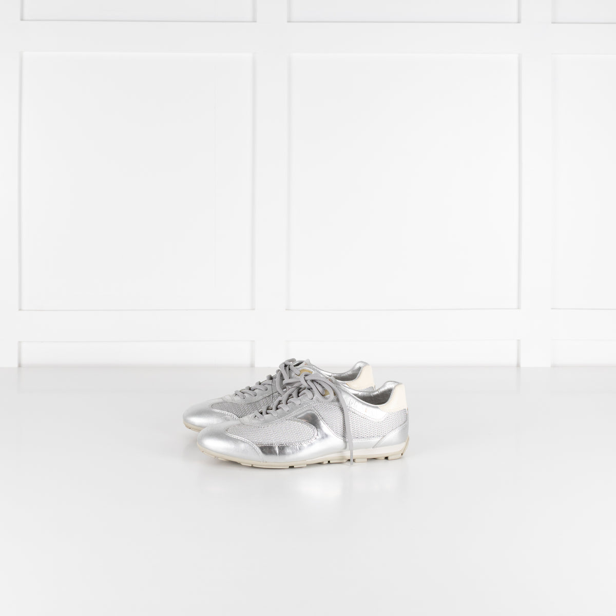 Prada Silver Leather & Mesh Lace Up Trainers