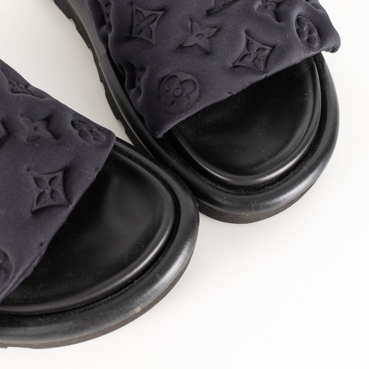 Louis Vuitton Black Plushy Embossed Monogram Velcro Sliders