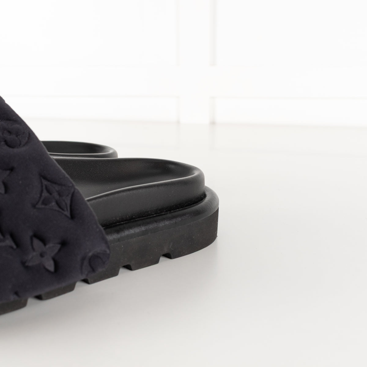 Louis Vuitton Black Plushy Embossed Monogram Velcro Sliders