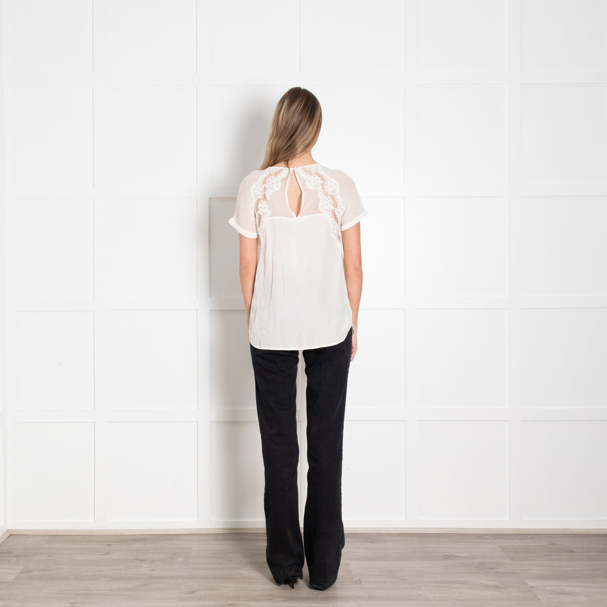 Rebecca Taylor Cream Silk Pin Tuck Lace Detail Top