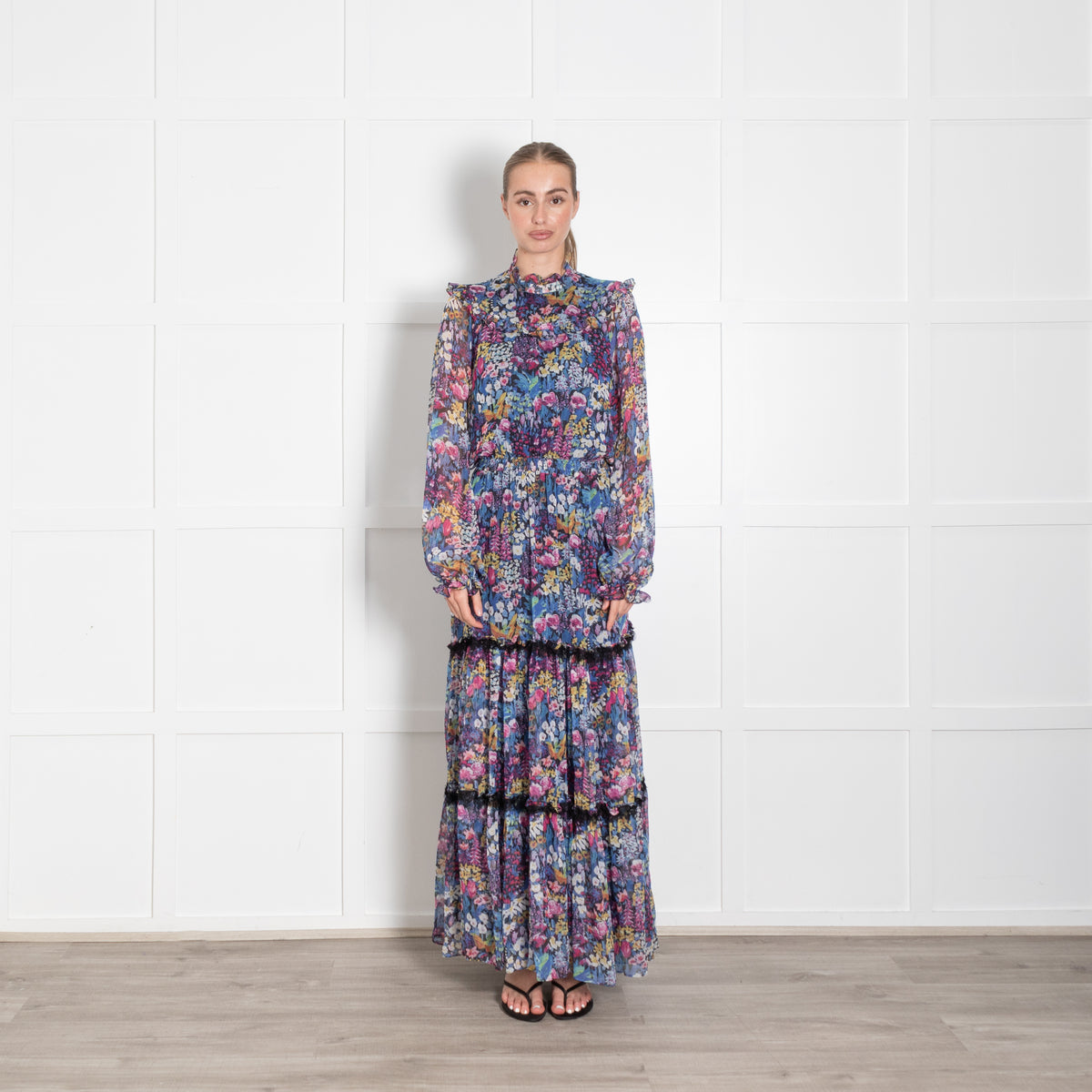 Ridley Navy Multi Floral Elasticated Waist Chiffon Maxi Dress