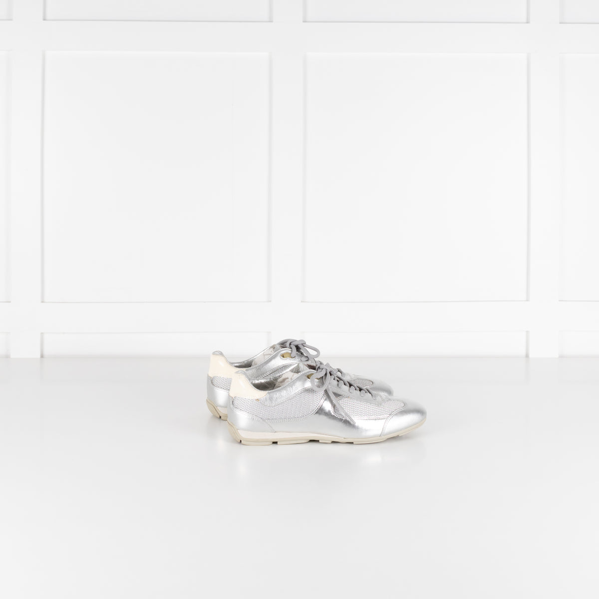 Prada Silver Leather & Mesh Lace Up Trainers