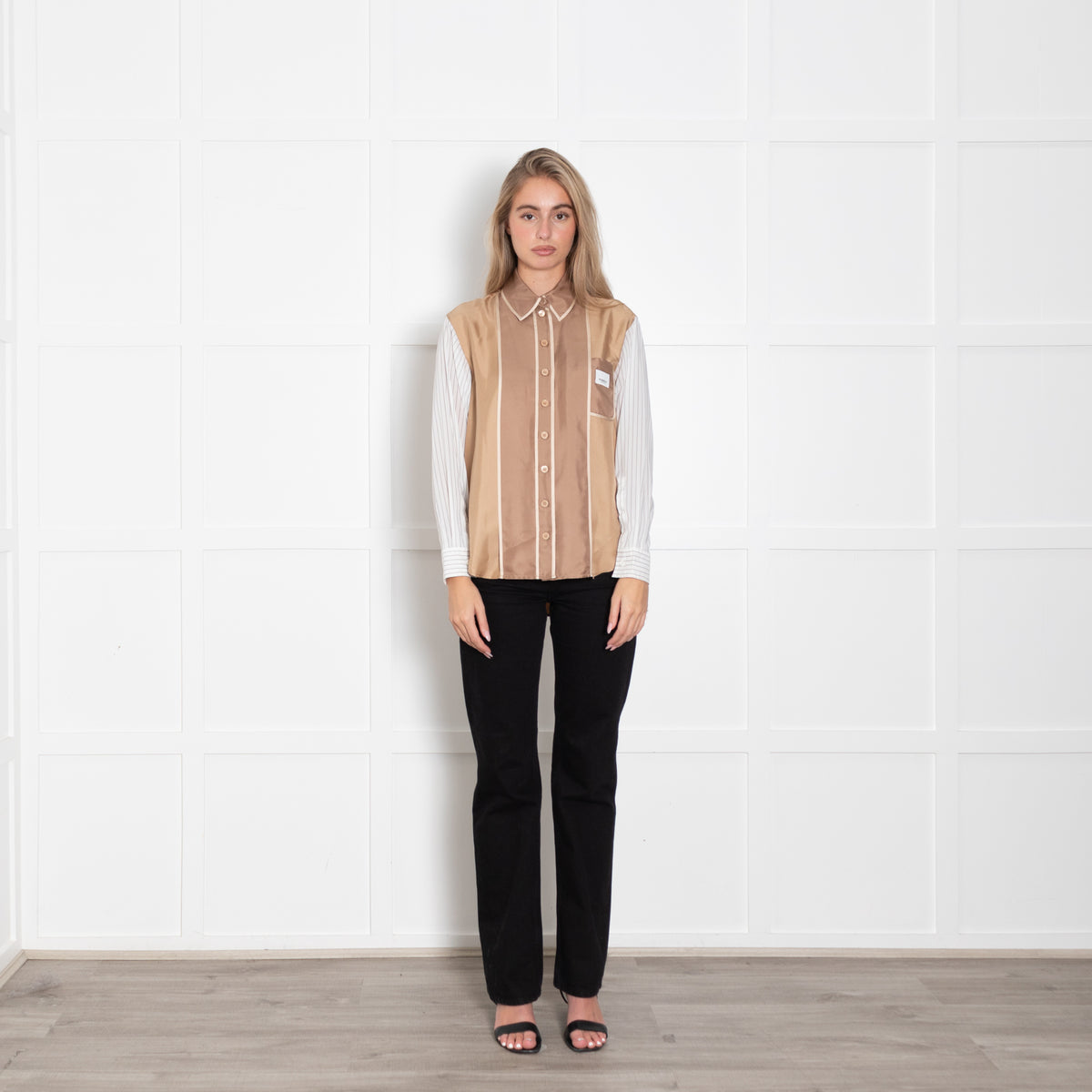 Burberry Tan Shirt With Striped Sleeves
