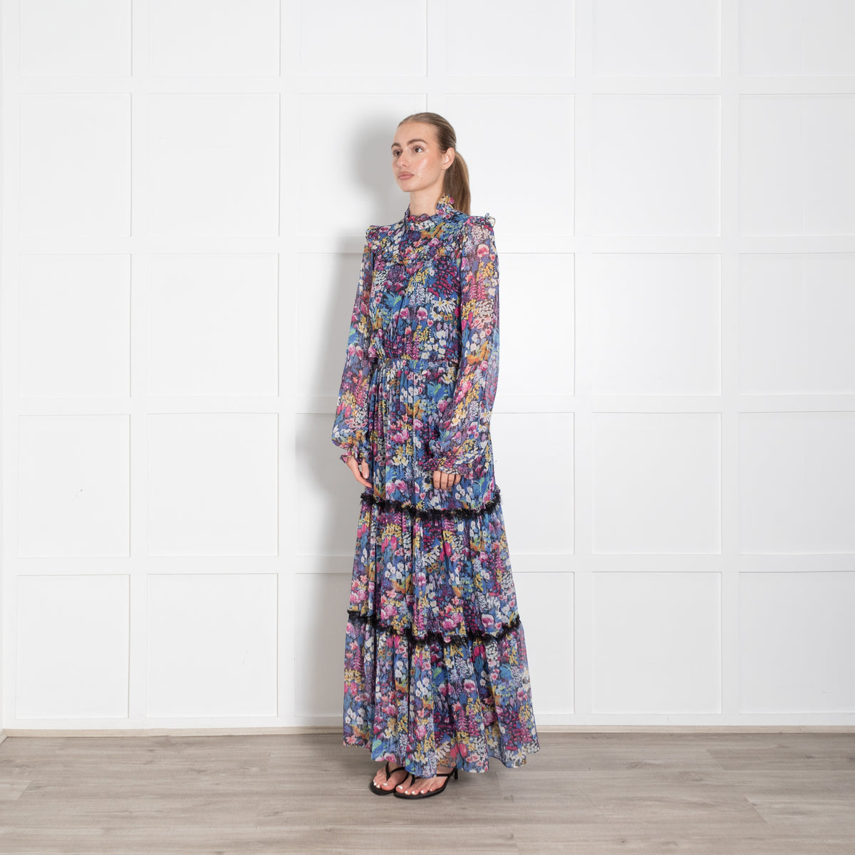 Ridley Navy Multi Floral Elasticated Waist Chiffon Maxi Dress