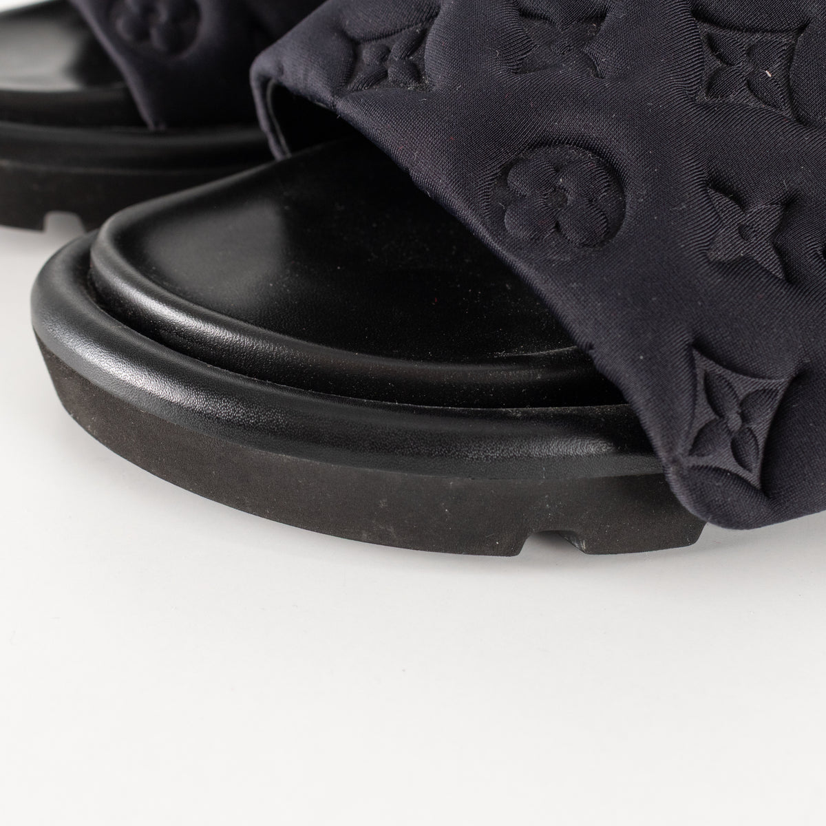 Louis Vuitton Black Plushy Embossed Monogram Velcro Sliders