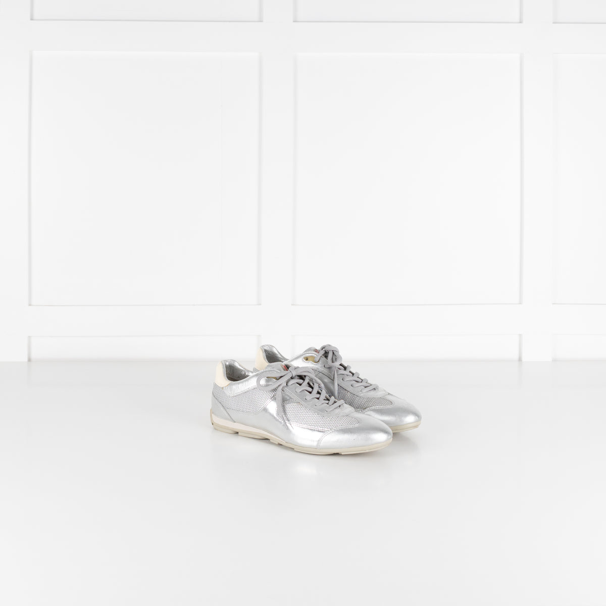 Prada Silver Leather & Mesh Lace Up Trainers