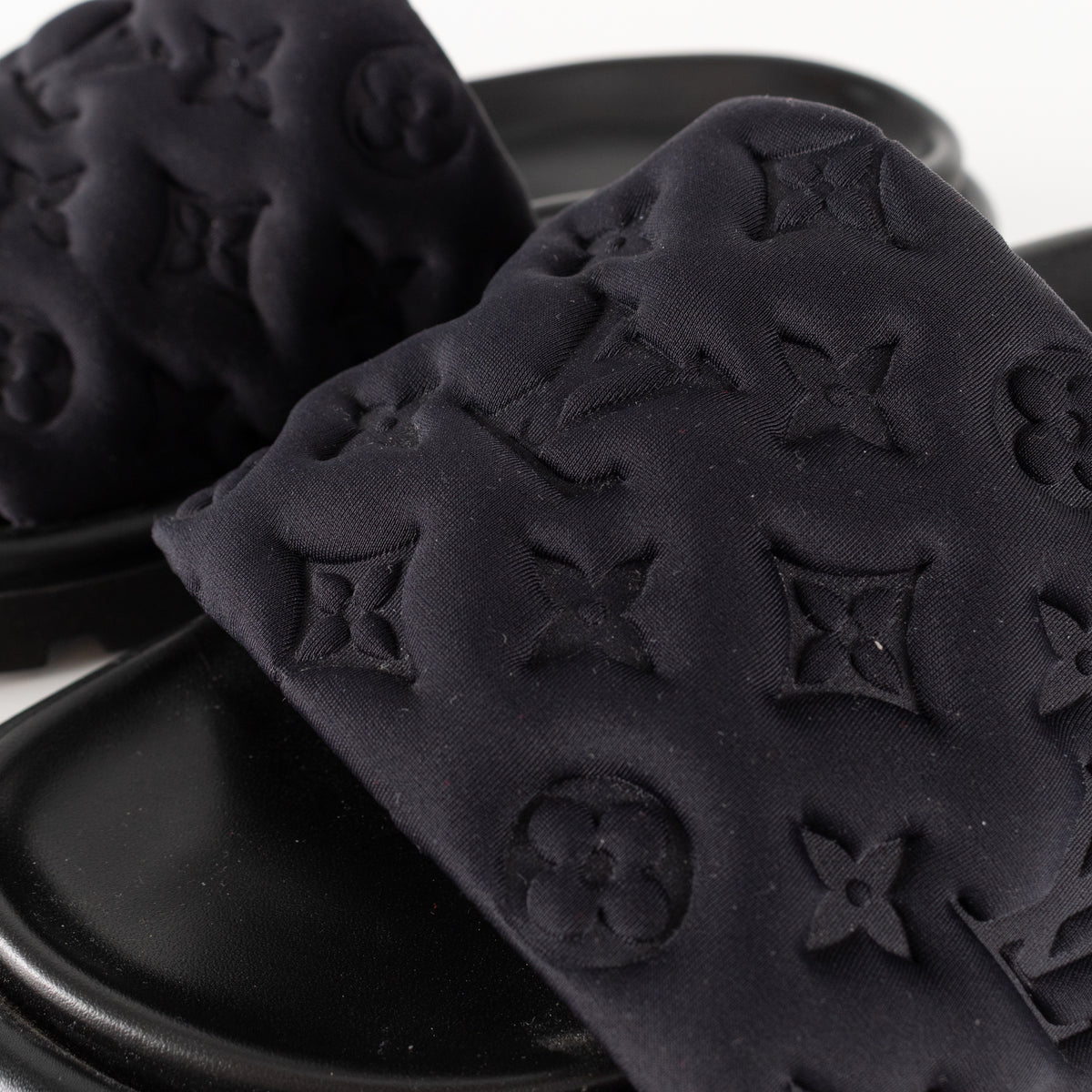 Louis Vuitton Black Plushy Embossed Monogram Velcro Sliders
