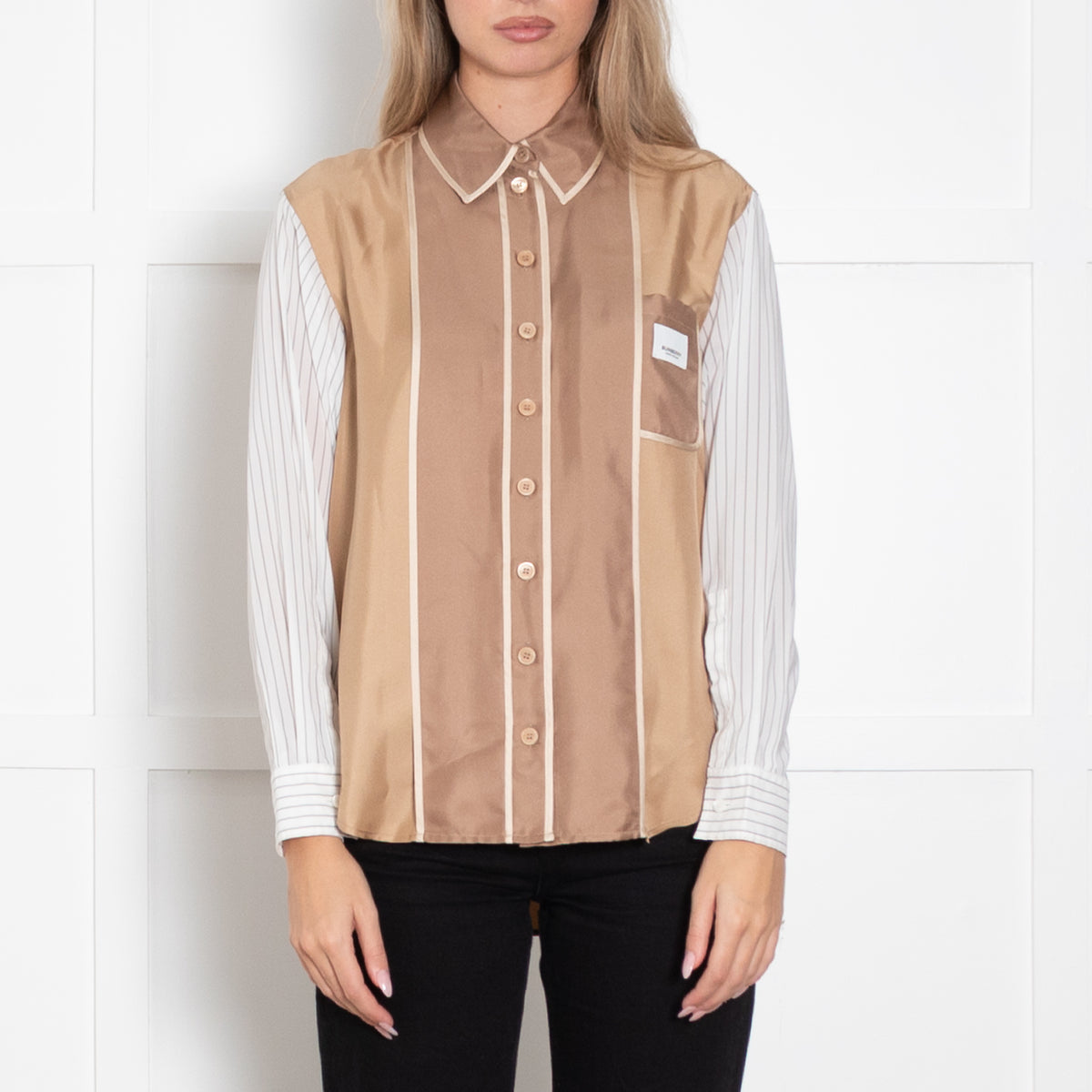 Burberry Tan Shirt With Striped Sleeves