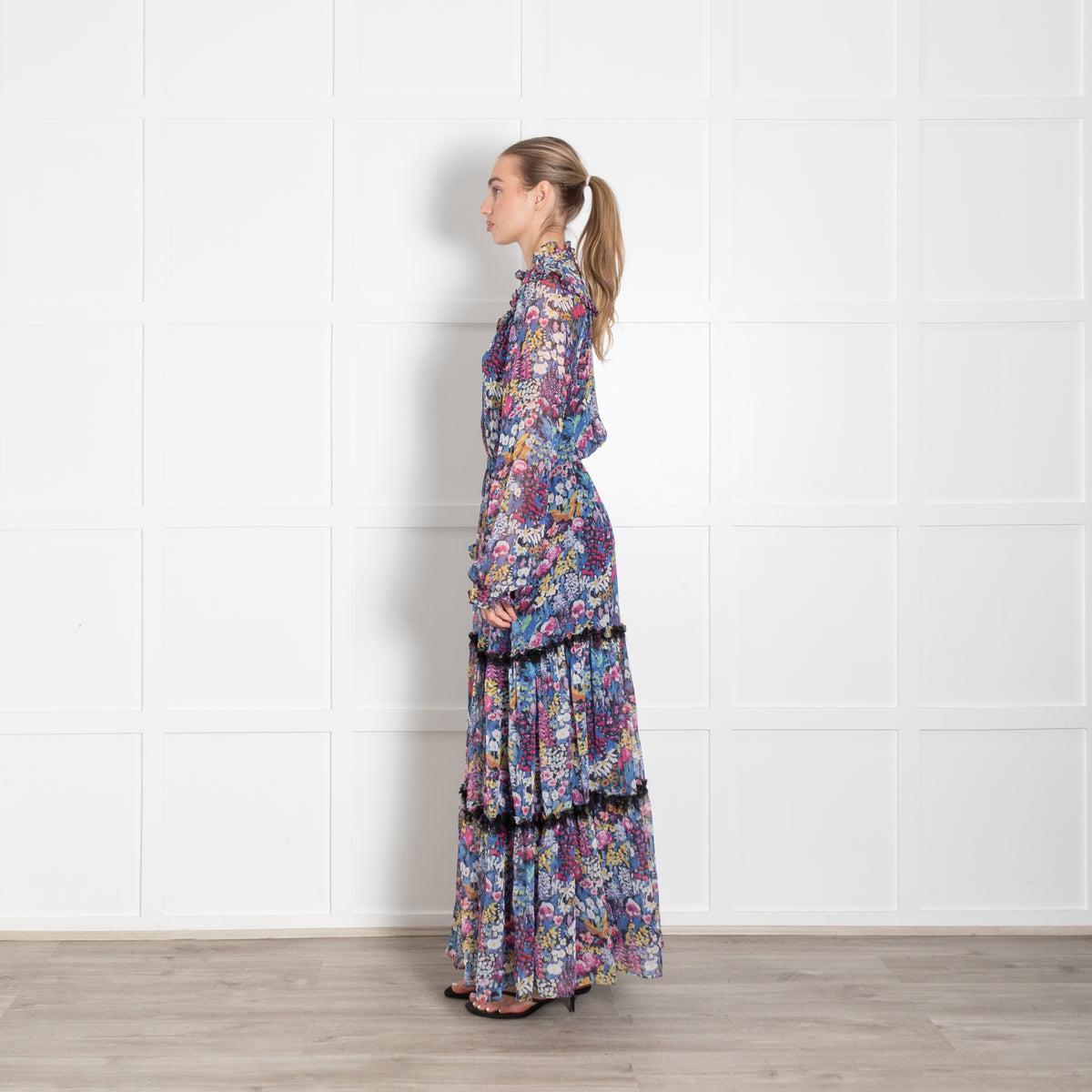 Ridley Navy Multi Floral Elasticated Waist Chiffon Maxi Dress